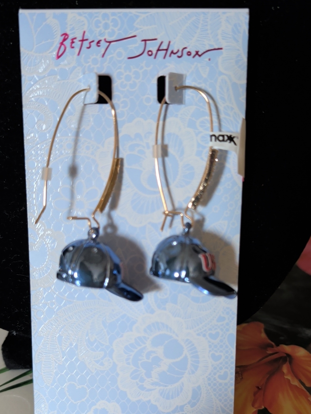 Betsey Johnson Gold Hoop Earrings with Shiny USA Blue Cap Charms